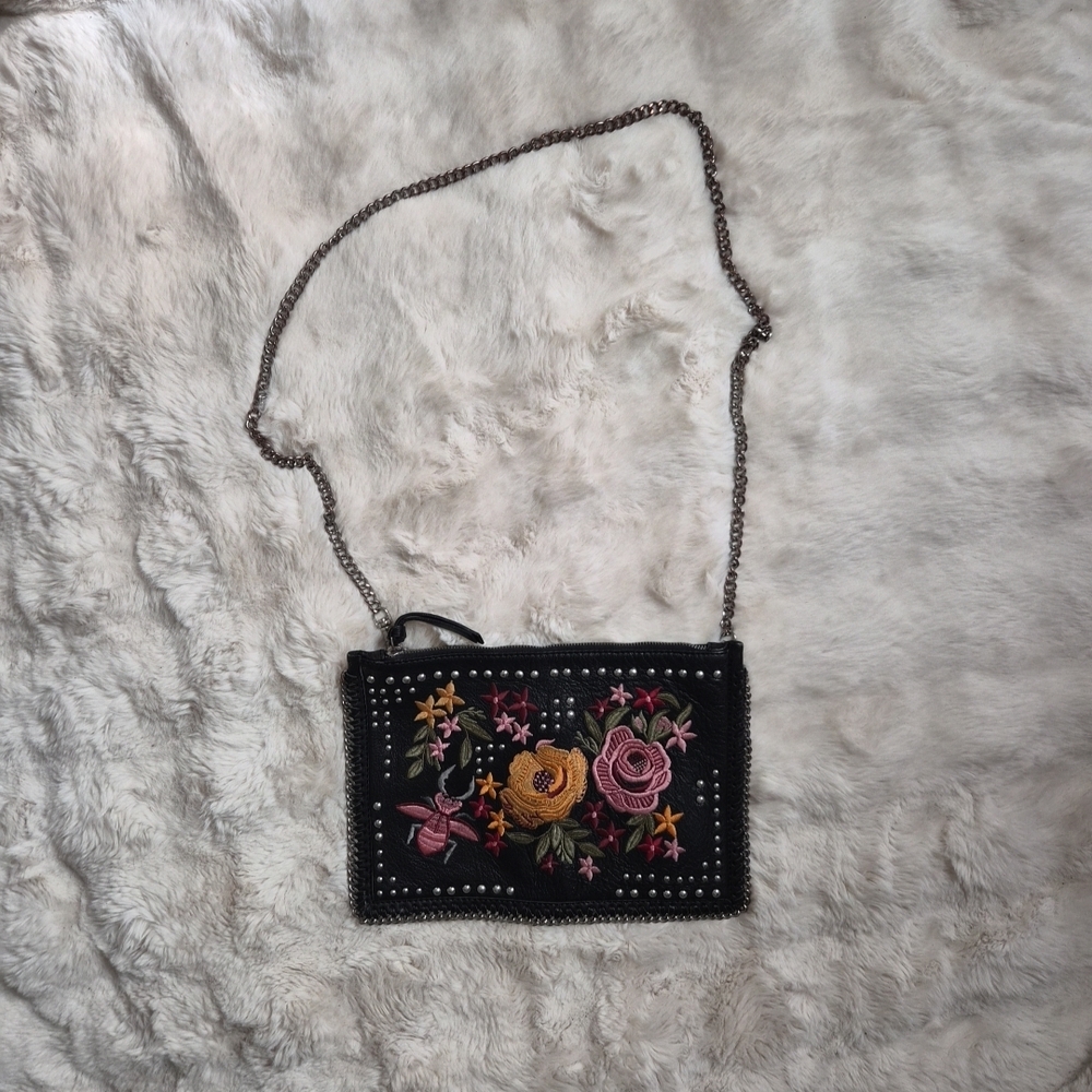 Topshop Leather Purse Crossbody Bag Chain Strap Floral Embroidery Boho Bohemian